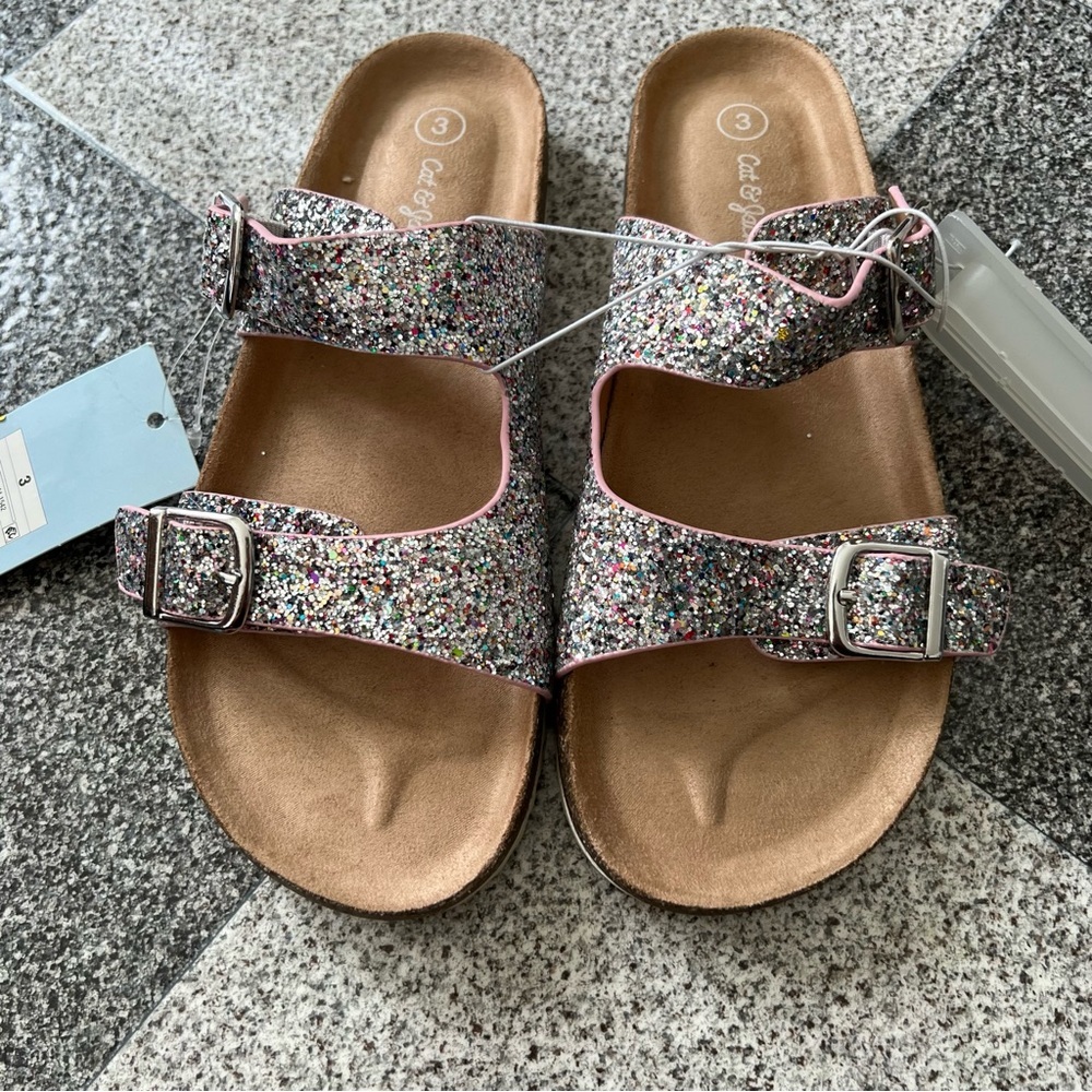 Cat & Jack Girl's Drew Footbed Sandals- Glitter Multicolor Size 3